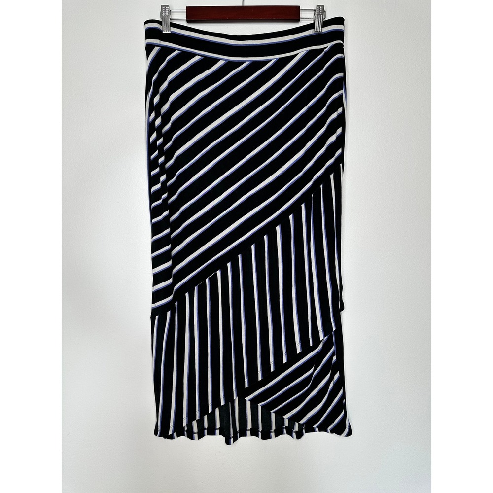 Chicos Travelers Striped Midi Skirt Size‎ 2 L Black Blue Slinky